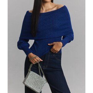 By Anthropologie Navy Metallic Wool Off-The-Shoulder Sweater Size L